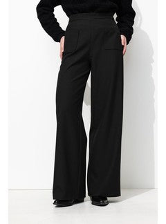 Pantalon Large Taille Haute - Noir Uni Fonce