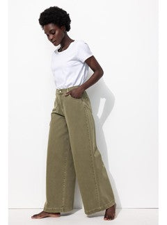 Pantalon Large Taille Haute - Kaki Uni Fonce