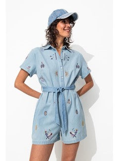 Combishort en Jean Brodé Femme - Jeans Uni Clair