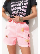 Short Rayé Brodé Femme - Rose Raye