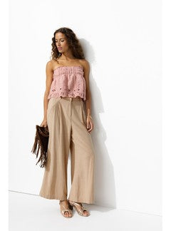 Pantalon Large à Pinces Femme - Naturel Uni Clair