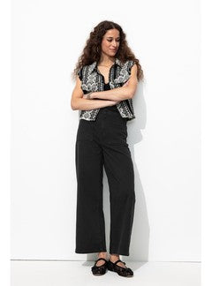 Pantalon Large en Coton Femme - Noir Uni Fonce