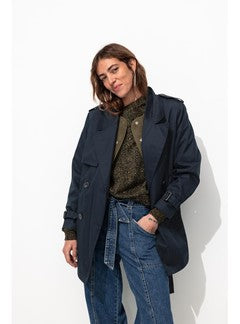 Trench Court Ceinturé Femme - Bleu Uni Fonce
