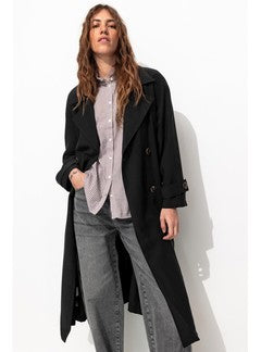 Trench Long Ceinturé Femme - Noir Uni Fonce