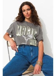 T-shirt Oversize à Message - Gris Imprime