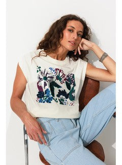 T-shirt à Sequins Femme - Naturel Imprime