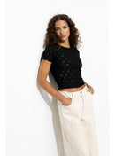 Top Court Ajouré Brodé Femme - Noir Uni Fonce