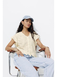 T-shirt Effet Dentelle Femme - Naturel Uni Clair