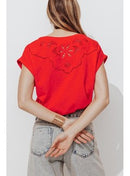 T-shirt Détail Brodé Dos - Rouge Uni Colore