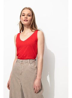 Débardeur Col V en Coton Femme - Rouge Uni Colore