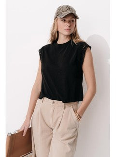 T-shirt sans Manches Femme - Noir Uni Fonce
