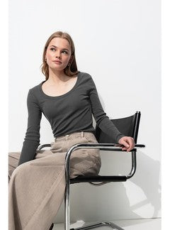 T-shirt en Jersey Côtelé Femme - Gris Uni Fonce