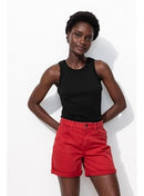 Crop Top Côtelé Femme - Noir Uni Fonce