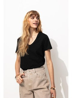 T-shirt Col V Femme - Noir Uni Fonce