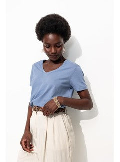 T-shirt Col V Femme - Bleu Uni Colore