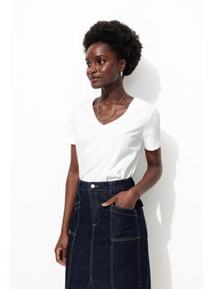 T-shirt Col V Femme - Blanc Uni Clair