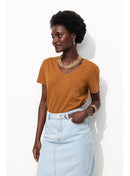 T-shirt Col V Femme - Grège Uni Fonce
