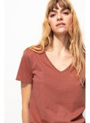 T-shirt Col V Femme - Rose Uni Colore