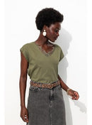 T-shirt Détail Dentelle Femme - Kaki Uni Fonce