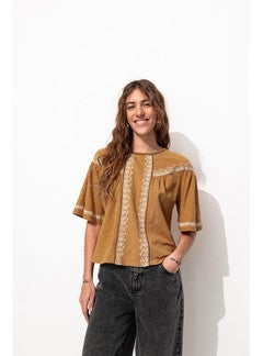T-shirt Brodé Femme - Grège Uni Fonce