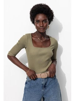 T-shirt Col Carré Femme - Kaki Uni Fonce