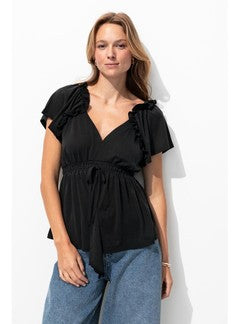 T-shirt à Volants en Jersey - Noir Uni Fonce