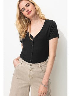 T-shirt Côtelé Col V Femme - Noir Uni Fonce