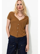 T-shirt Côtelé Col V Femme - Grège Uni Fonce