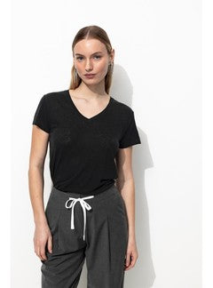 T-shirt en Lin Mélangé Femme - Noir Uni Fonce