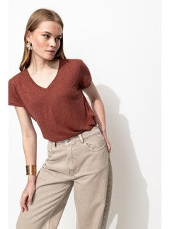 T-shirt en Lin Mélangé Femme - Marron Uni Fonce