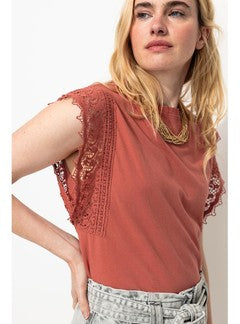 T-shirt Détail Dentelle Femme - Marron Uni Clair