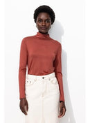 T-shirt Col Roulé Femme - Marron Uni Fonce