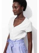 T-shirt Col V Femme - Blanc Uni Clair