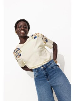 T-shirt à Sequins Brodés - Naturel Uni Clair