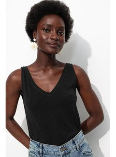 Débardeur Col V en Coton Femme - Noir Uni Fonce