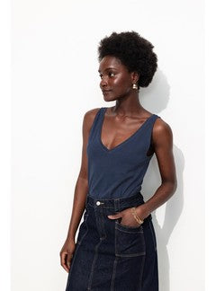 Débardeur Col V en Coton Femme - Bleu Uni Fonce