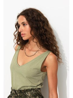 Débardeur Col V en Coton Femme - Kaki Uni Clair