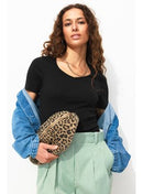 T-shirt Côtelé Col Cœur Femme - Noir Uni Fonce