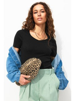 T-shirt Côtelé Col Cœur Femme - Noir Uni Fonce