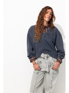 Sweat-shirt Uni Col V - Bleu Uni Colore