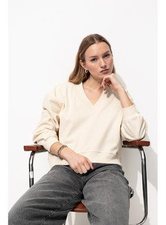 Sweat-shirt Uni Col V - Naturel Uni Clair