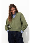 Sweat-shirt Uni Col V - Kaki Uni Fonce