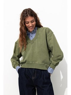 Sweat-shirt Uni Col V - Kaki Uni Fonce