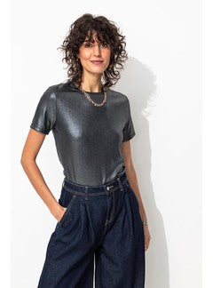 T-shirt Côtelé Irisé Femme - Bleu Uni Fonce