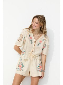 Blouse Brodée Point de Croix - Naturel Uni Clair