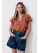 Blouse Manches Courtes Lyocell - Marron Uni Fonce