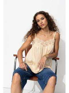 Top en Satin et Dentelle Femme - Naturel Uni Clair