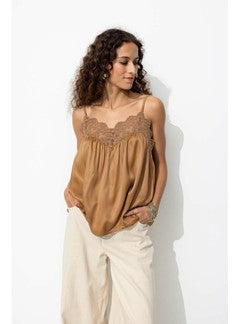 Top en Satin et Dentelle Femme - Grège Uni Fonce