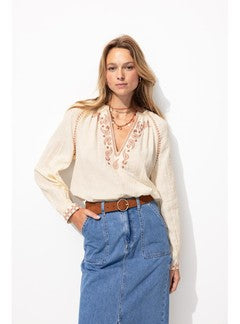 Chemise en Gaze de Coton Brodé - Naturel Uni Clair