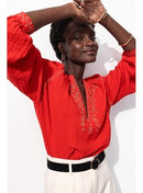 Chemise en Gaze de Coton Brodé - Rouge Uni Colore